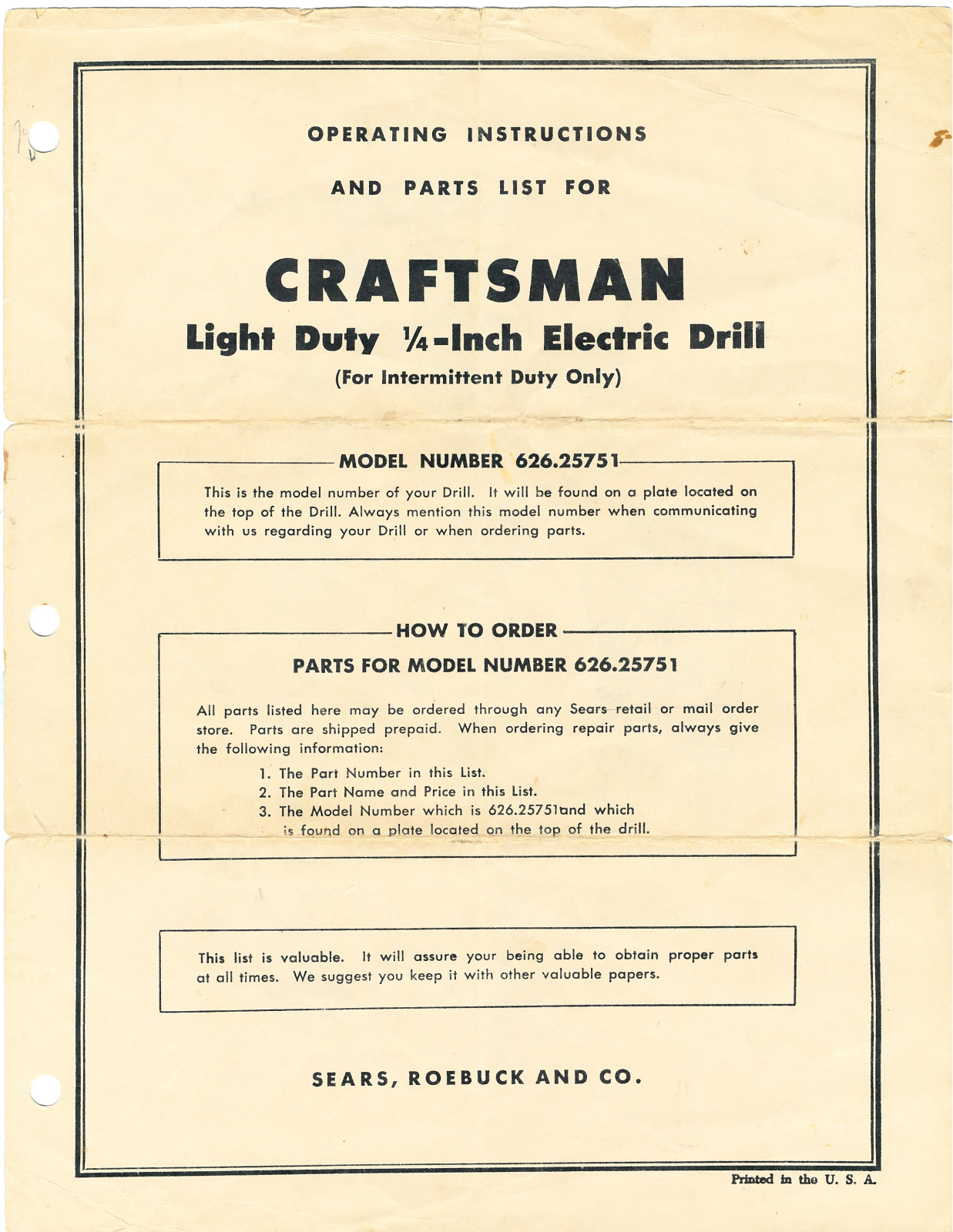 Craftsman 626.25751 Operating Instruction