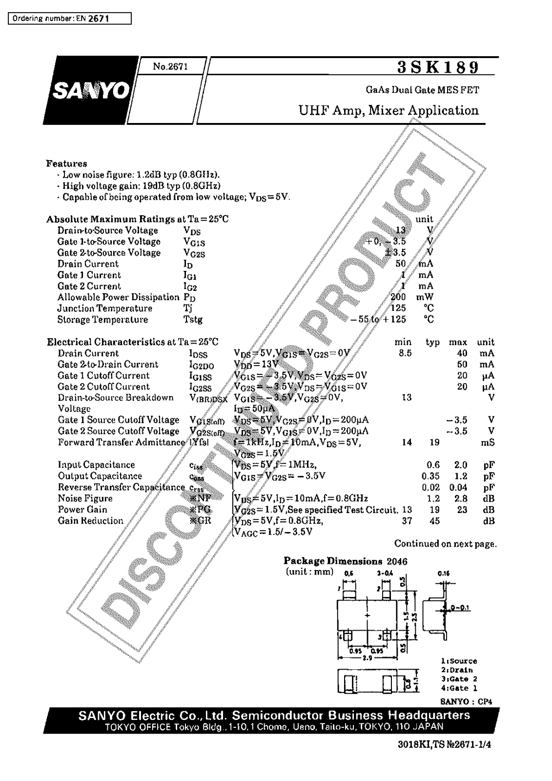 Sanyo 3SK189 Specifications