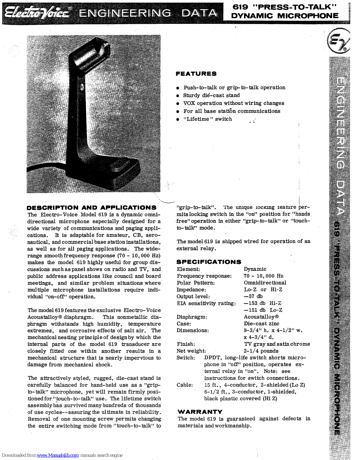 Electro-Voice Press-to-talk 619 User Manual