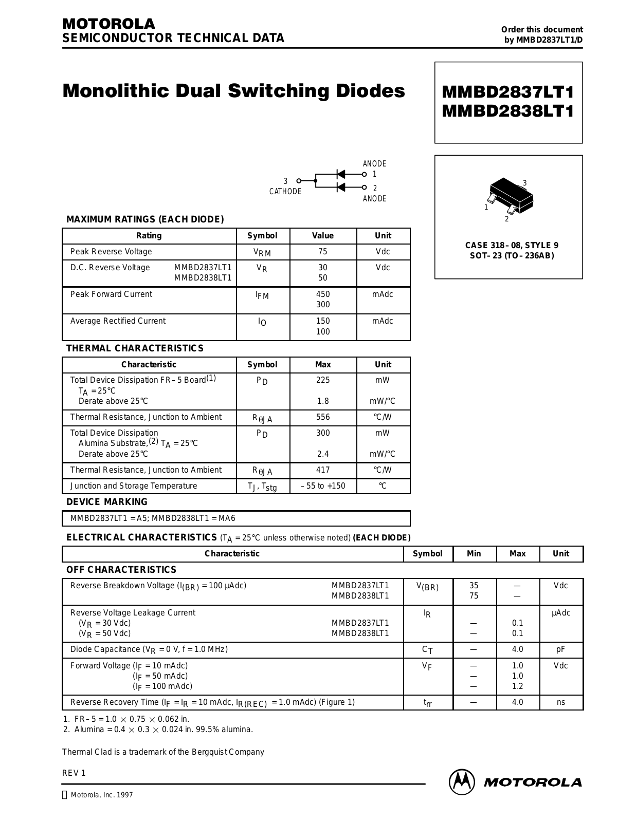 Motorola MMBD2837LT1, MMBD2838LT1 Datasheet