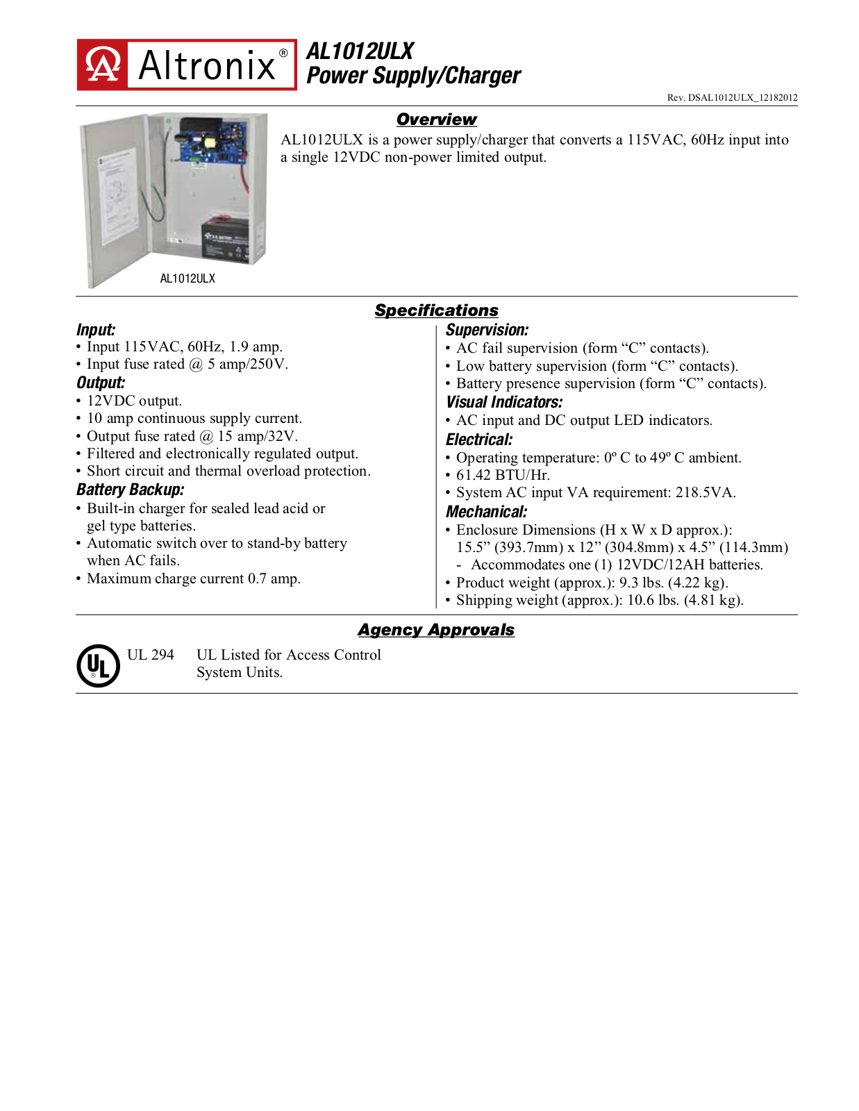 Altronix AL1012ULX Specsheet