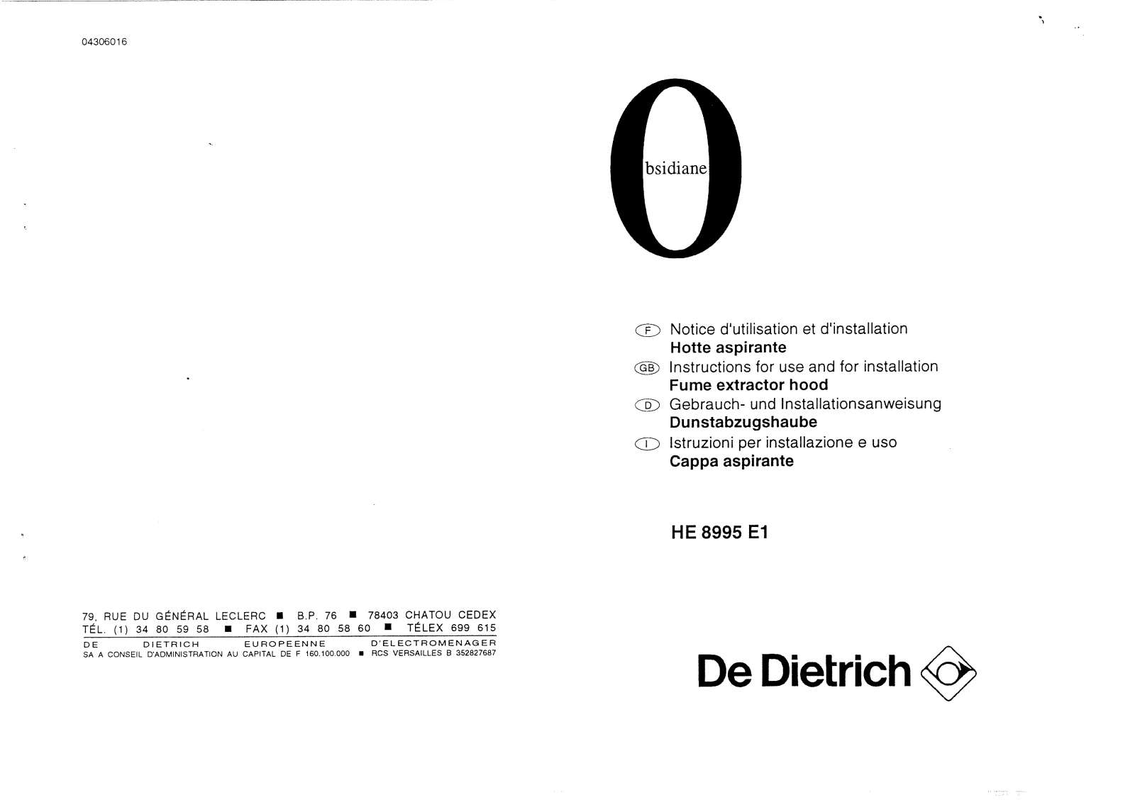 De dietrich HE8995E1 User Manual