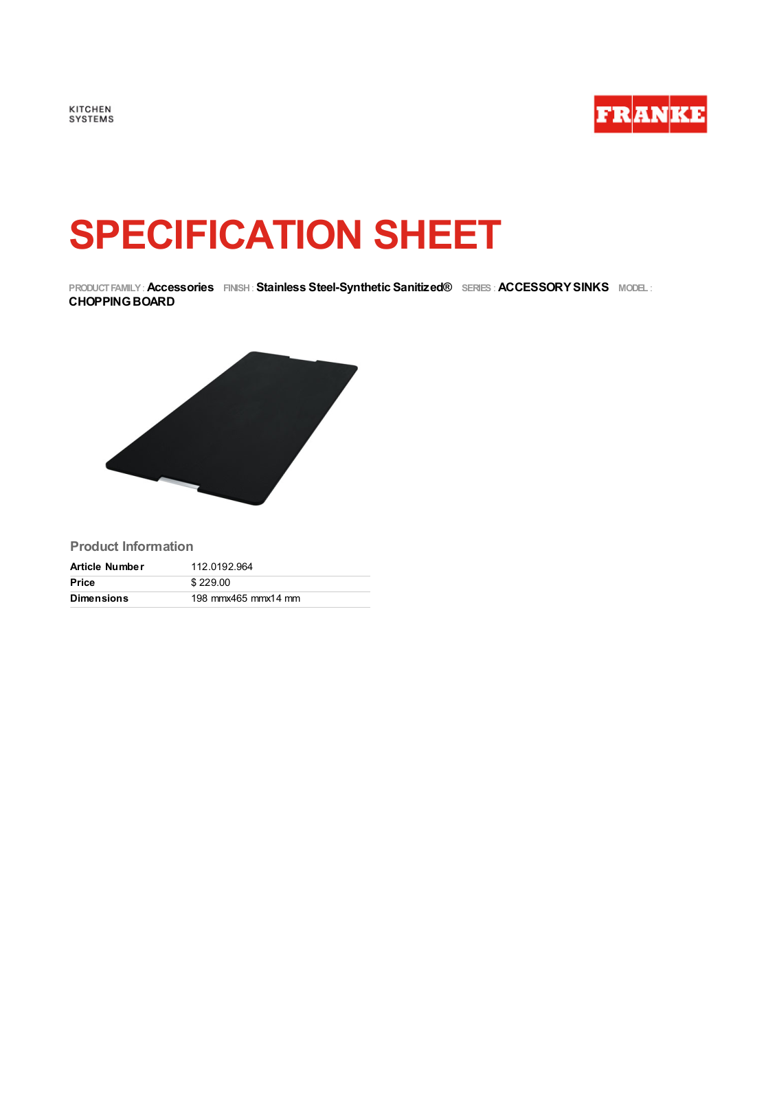 Franke CB964 Specifications Sheet