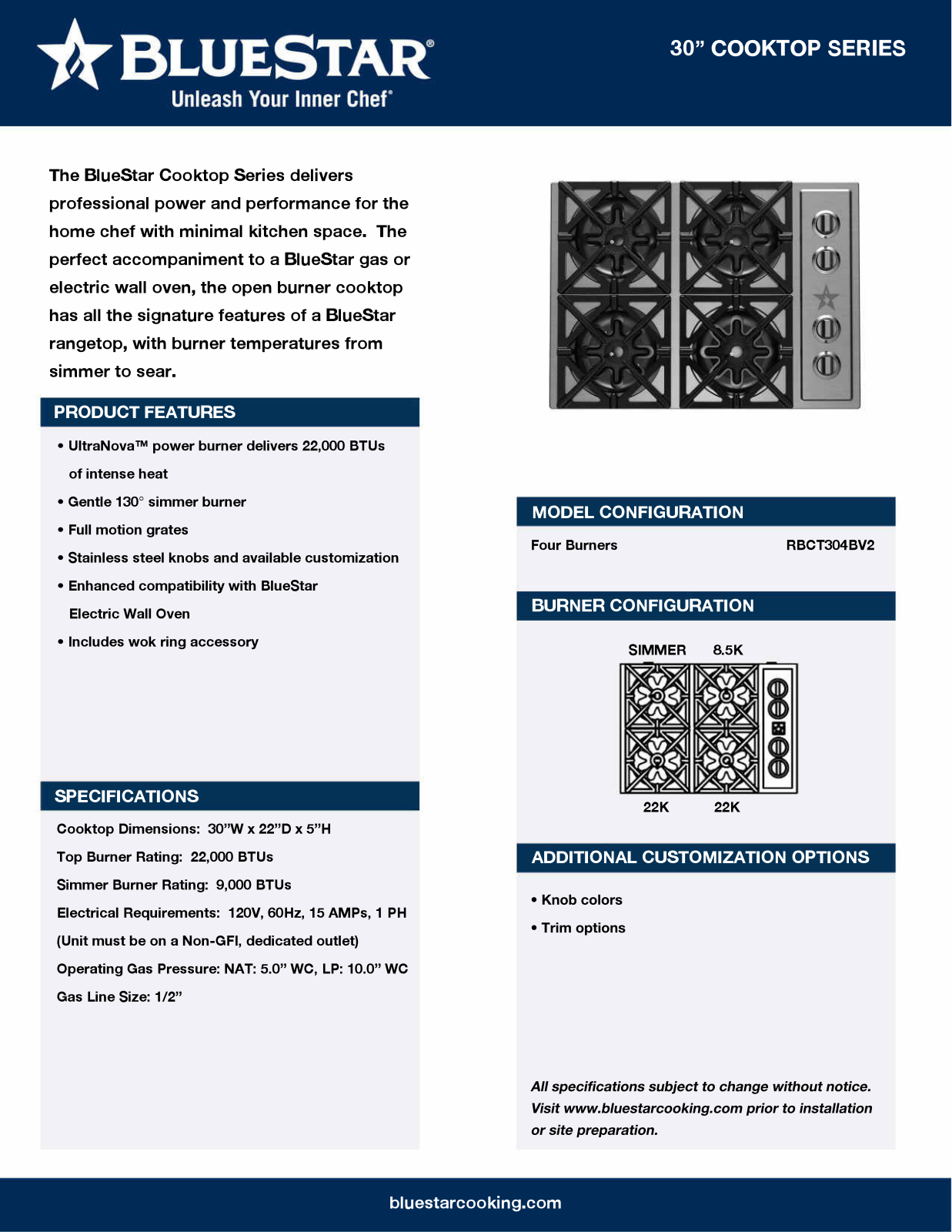 BlueStar RBCT304BV2 Specification Sheet