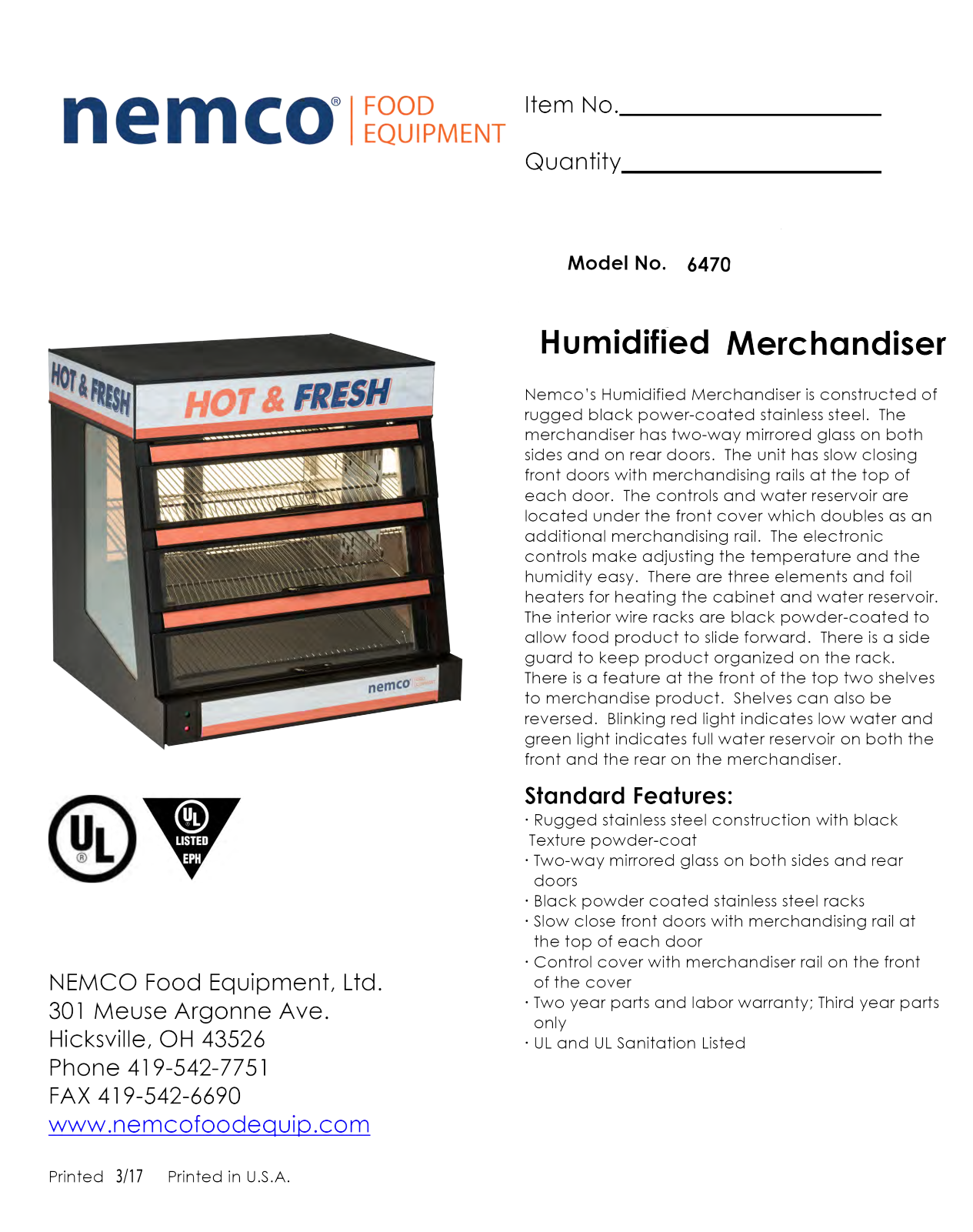 Nemco 6470 Specifications