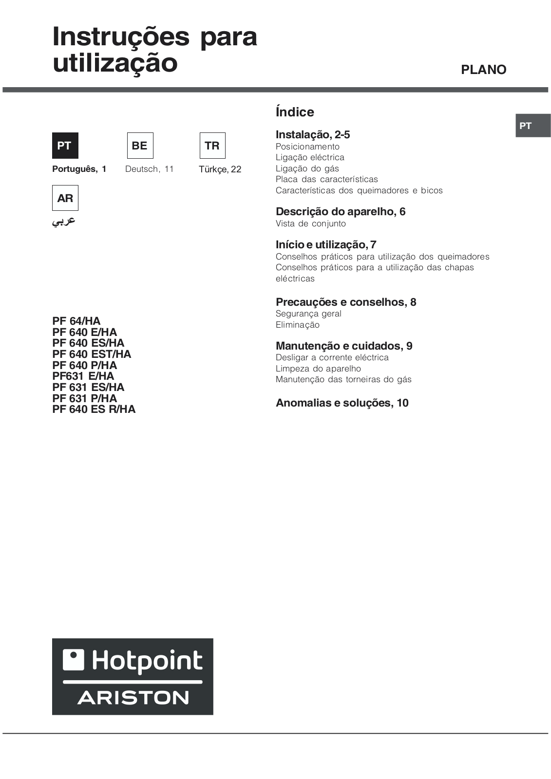 Hotpoint Ariston PF 640 EST, PF 640 E, PF 640 P, PF 631 E, PF 631 P User Manual