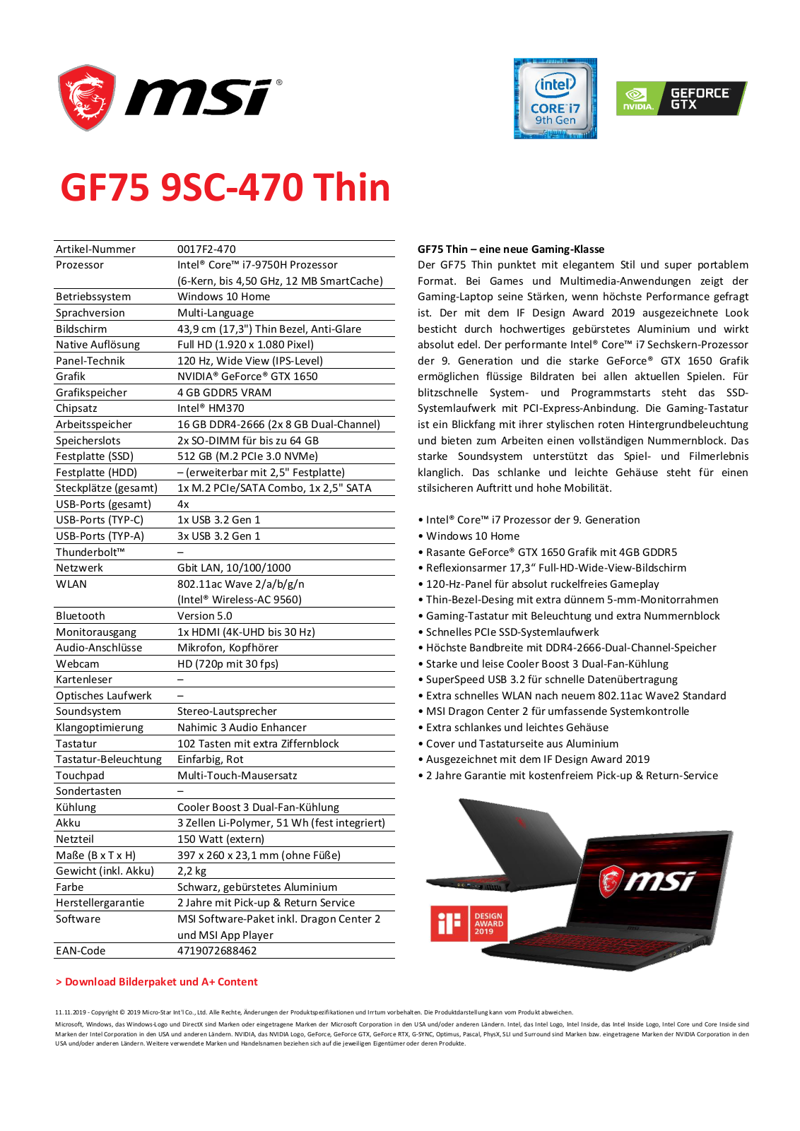 MSI GF75 9SC-470 Thin Technical data