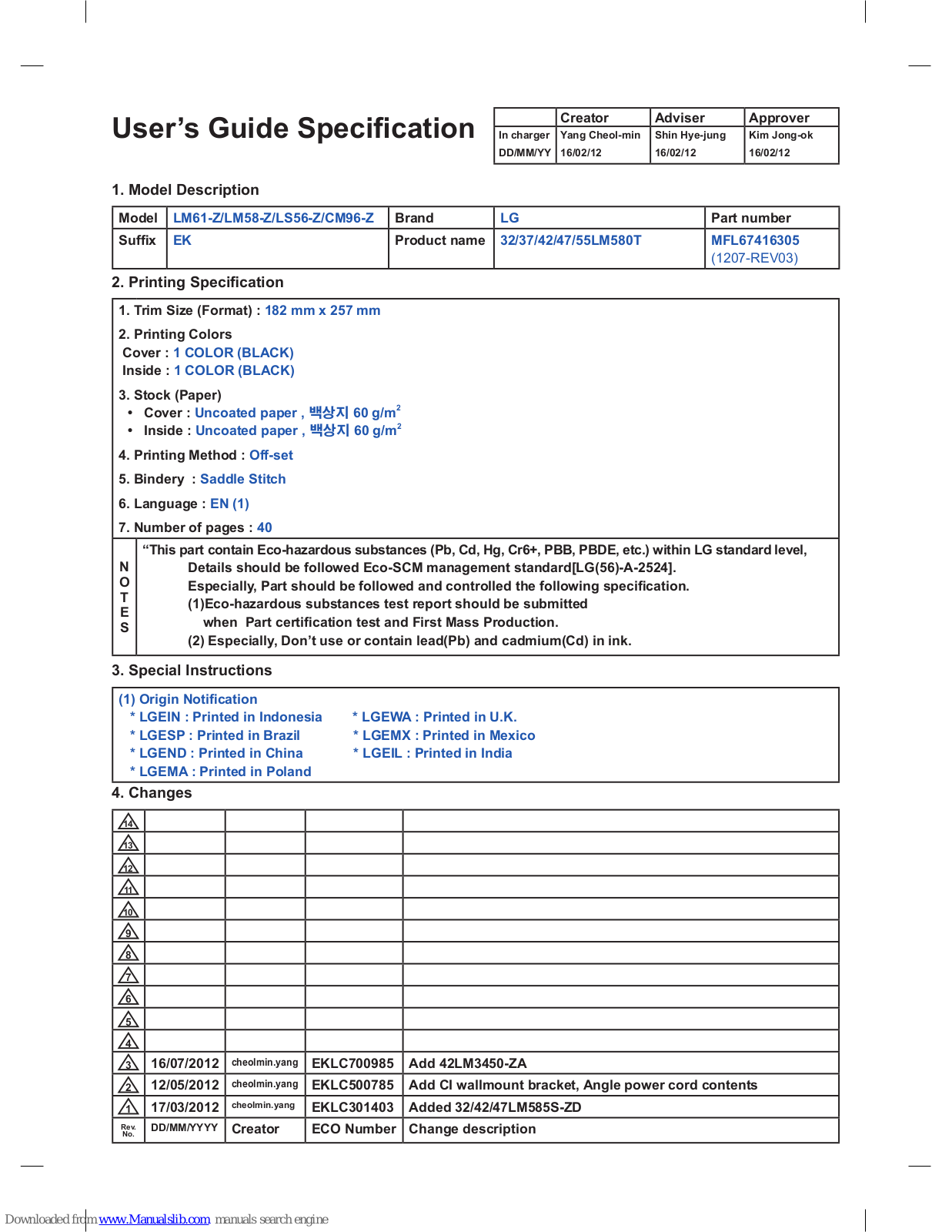 LG 47LM615T-ZE, 42LM615S-ZE, 55LM615S-ZE, 55LM615T-ZE, 32LM611S-ZA Installation Manual