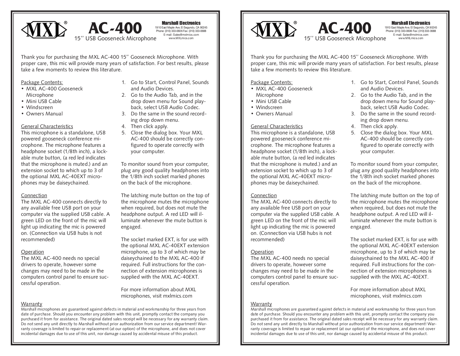 MXL AC-400 User Manual