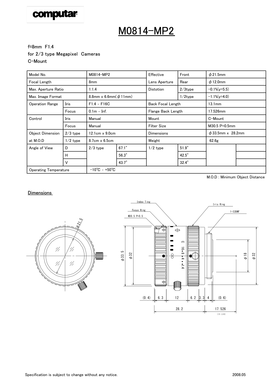 Computar M0814-MP2 Specsheet