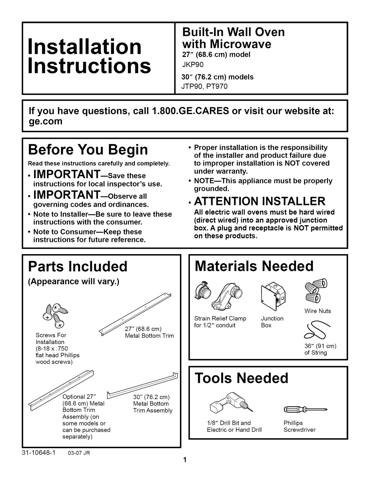 GE JKP90BM1BB, JKP90BM2BB, JKP90CM1CC, JKP90CM2CC, JKP90SM1SS Installation Guide - ManualMachine.com