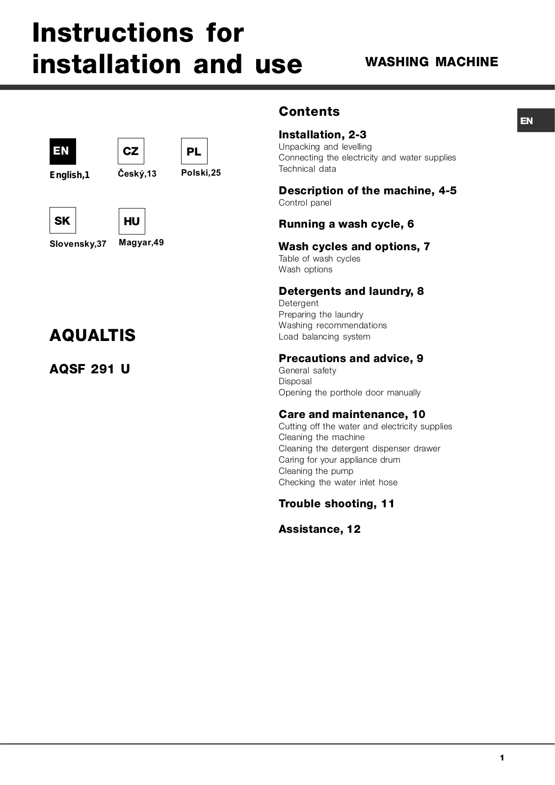 Hotpoint AQSF 291 U User Manual