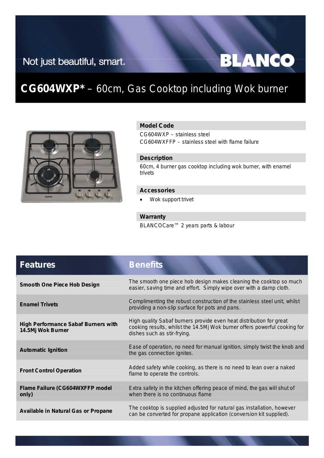 Blanco CG604WXFFP Specifications Sheet