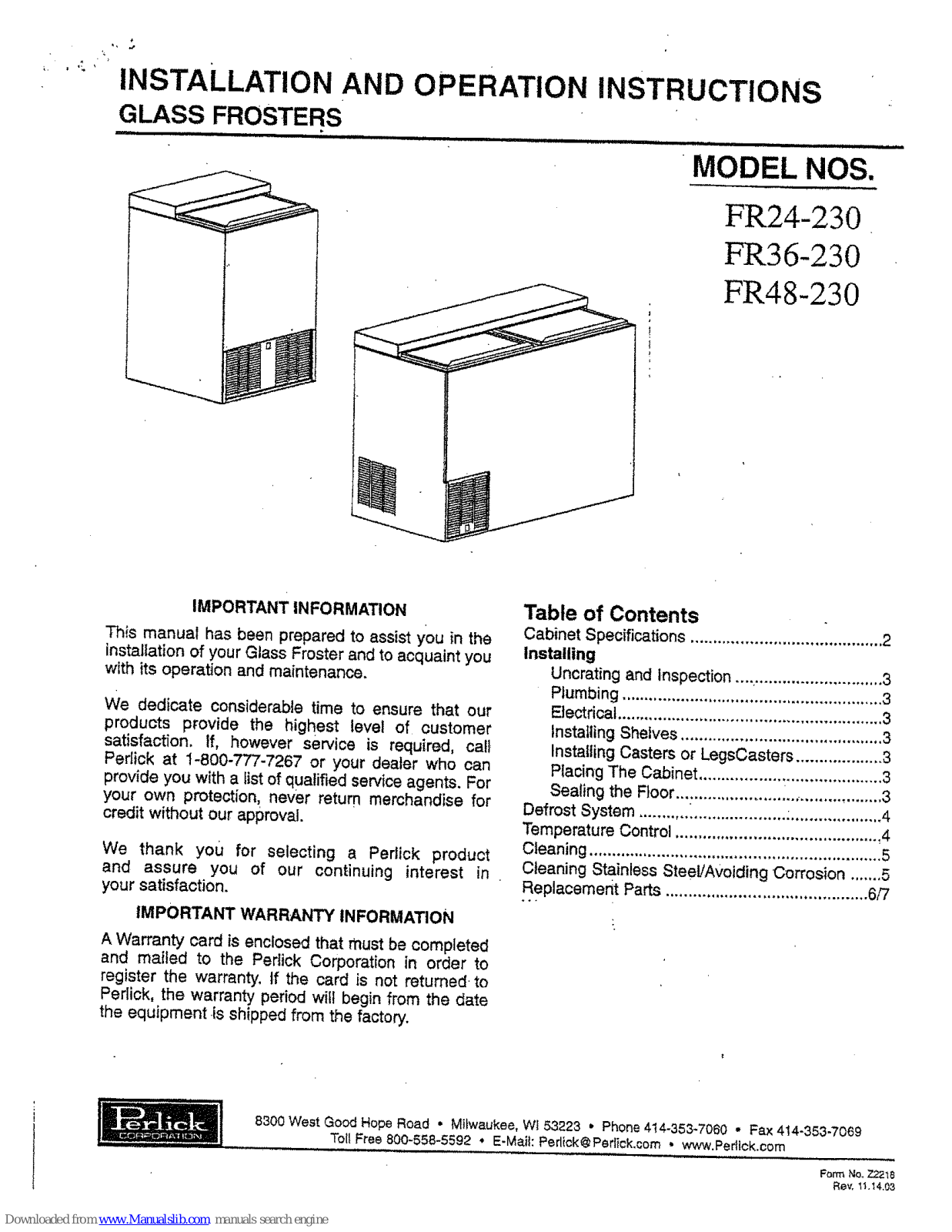 Perlick FR48-230, FR36-230 Installation And Operation Instructions Manual