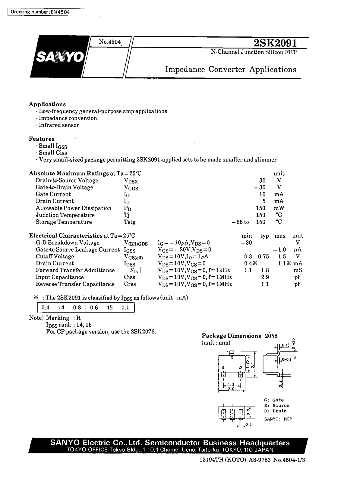 Datasheet 2SK2091 Datasheet (SANYO) - ManualMachine.com