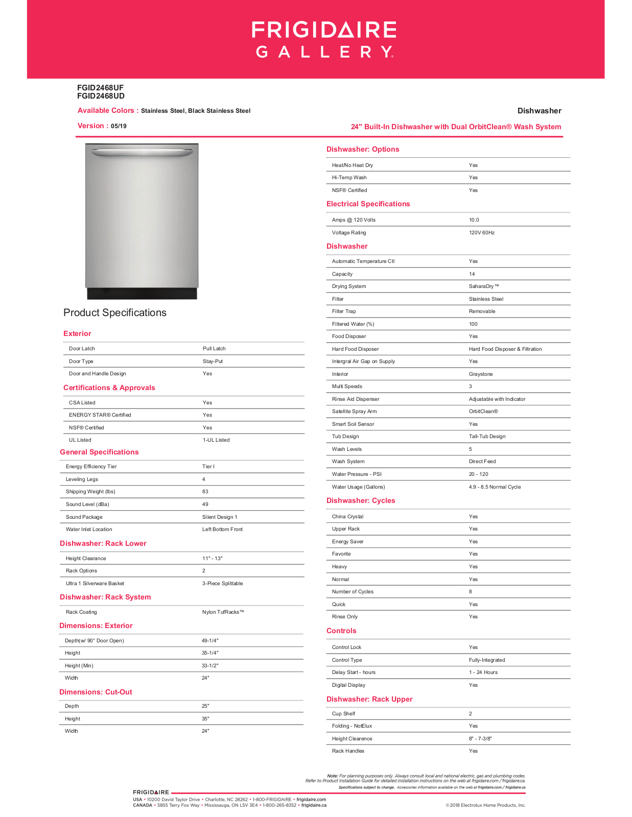 Frigidaire FGID2468UD, FGID2468UF Specification Sheet