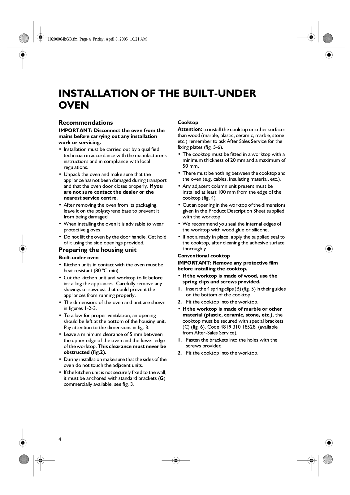 Whirlpool AKP 357 IX, AKP 351 IX, AKP 353 WH, AKP 351 WH, AKP 355 WH INSTALLATION Manual