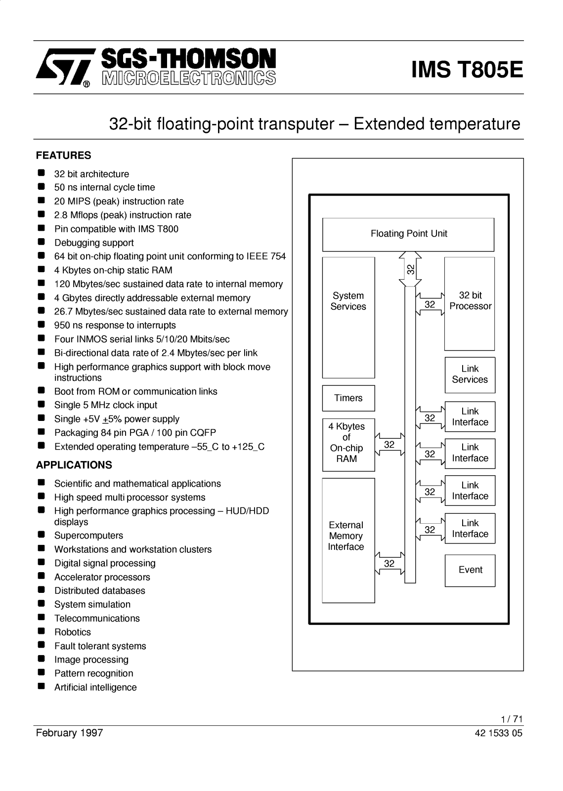 SGS Thomson Microelectronics IMST805-G20E, IMST805-F20E Datasheet