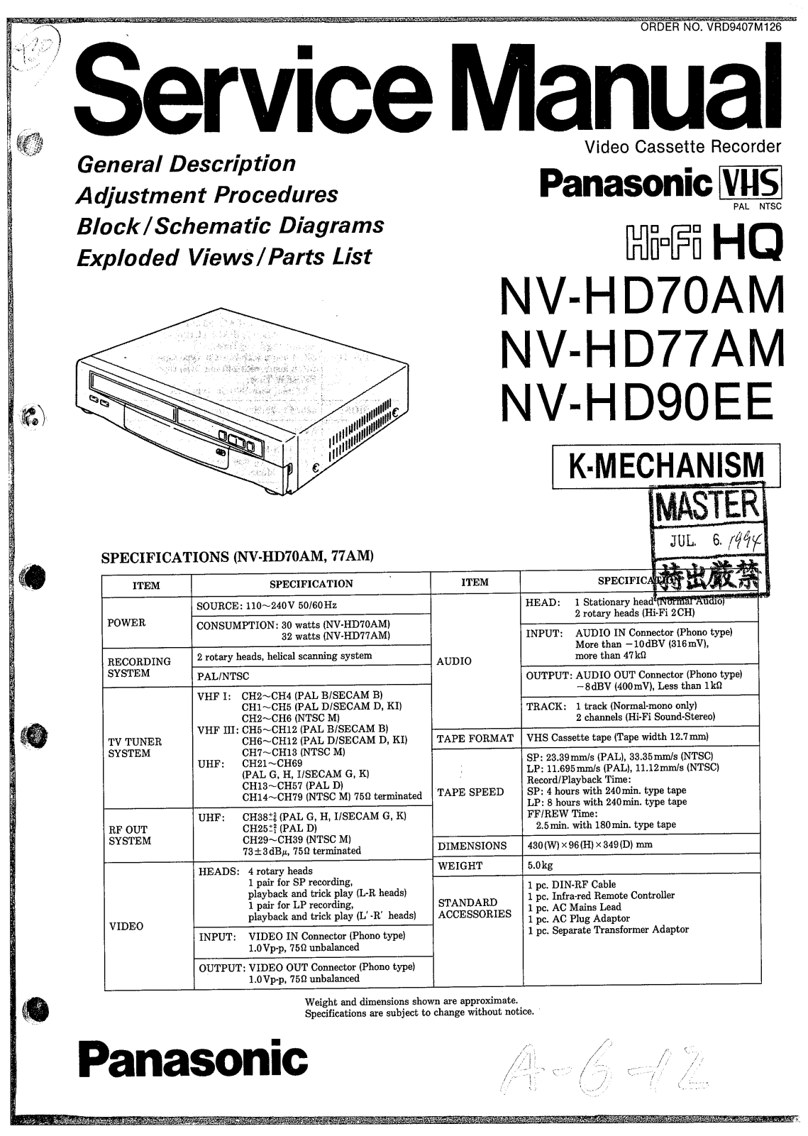 PANASONIC NV-HD70, NV-HD77, NV-HD 90 Service Manual