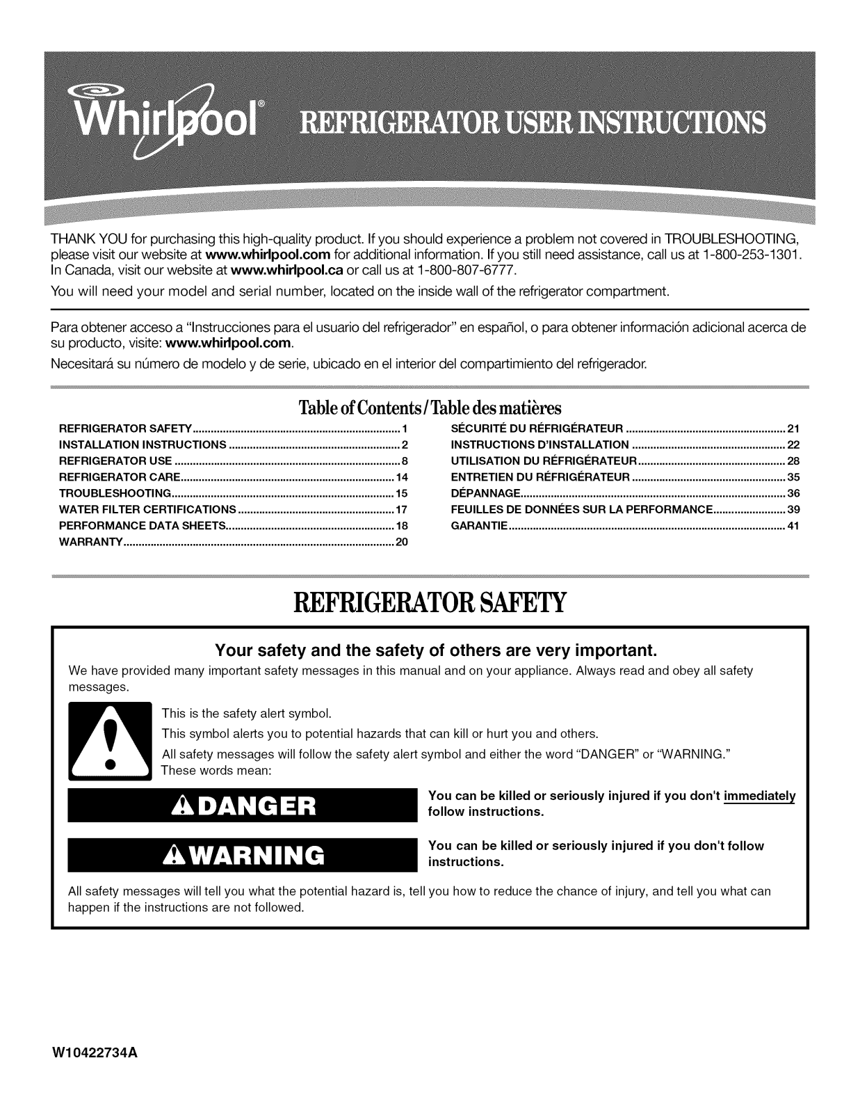 Whirlpool WRX735SDBM00, GZ25FSRXYY0, GZ25FSRXYY1, GZ25FSRXYY2, GZ25FSRXYY4 Owner’s Manual