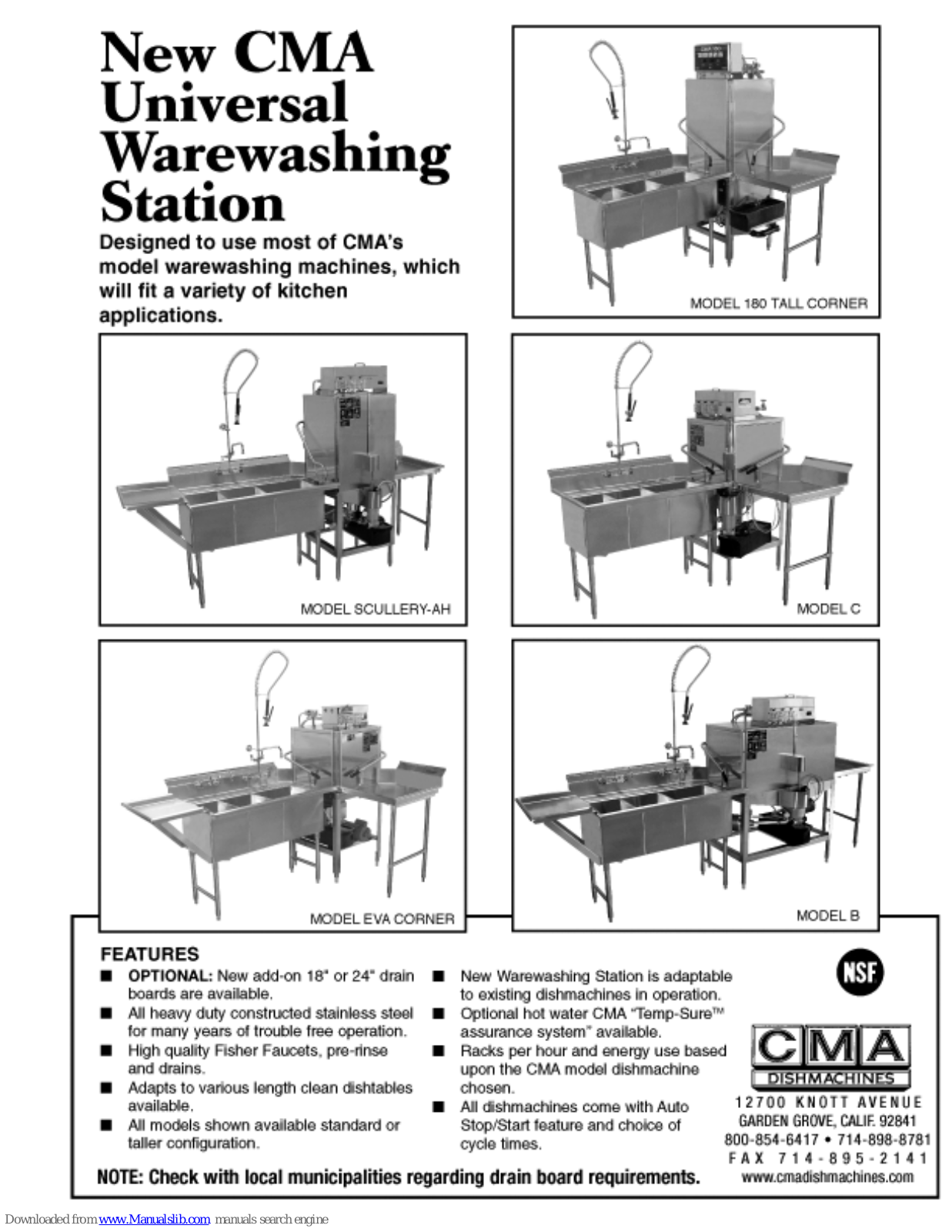 CMA Dishmachines CMA-180TC, EVA-C, S-AH, S-B, S-C Specifications