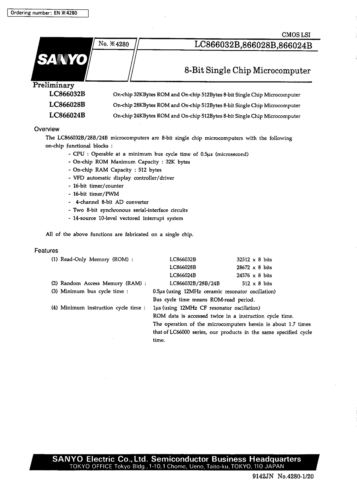 SANYO LC866032B, LC866028B, LC866024B Datasheet