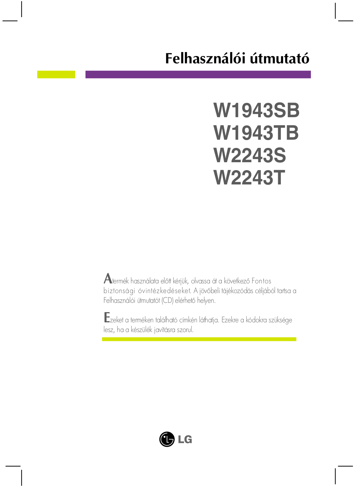 Lg W1943SB, W1943TB, W2243S, W2243T User Manual