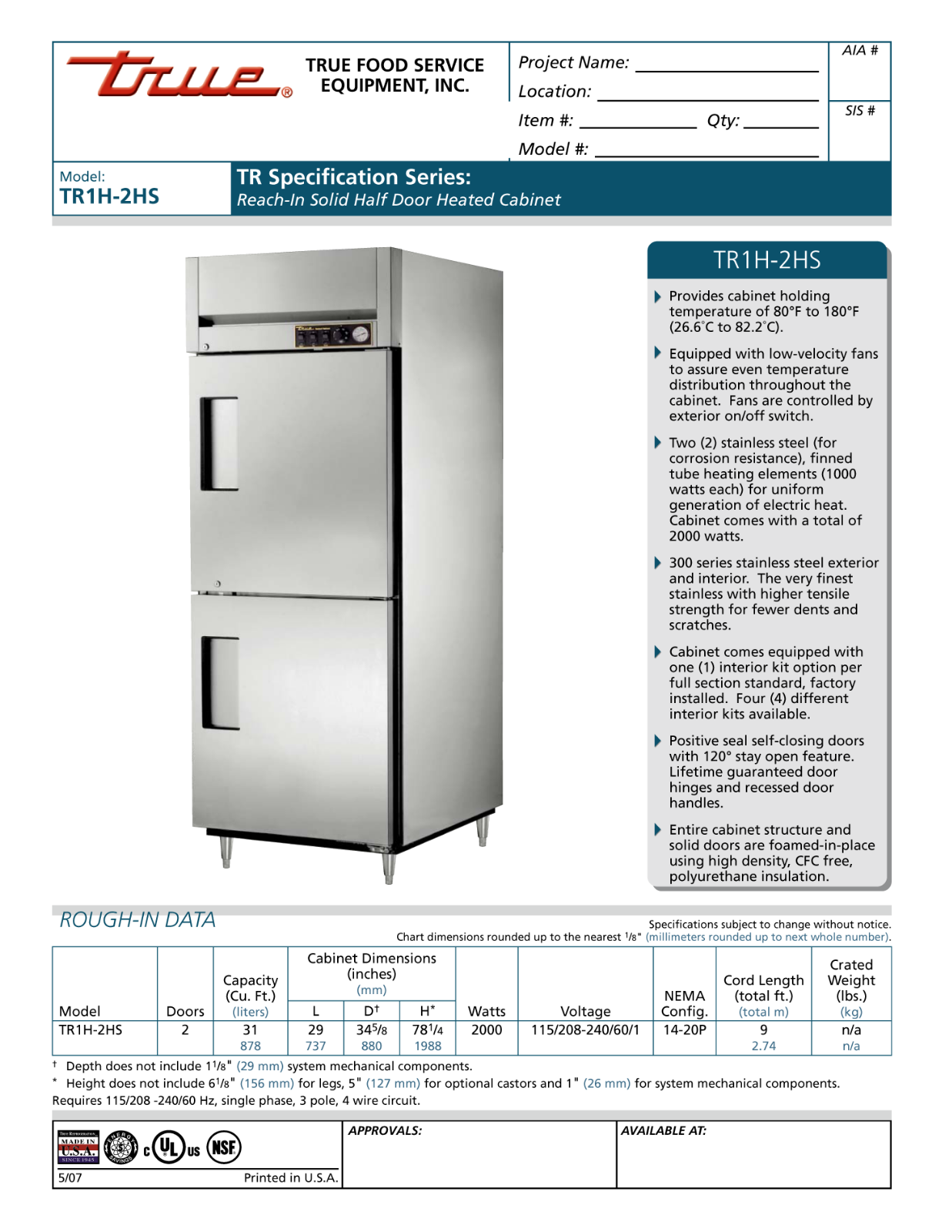 True TR1H-2HS User Manual