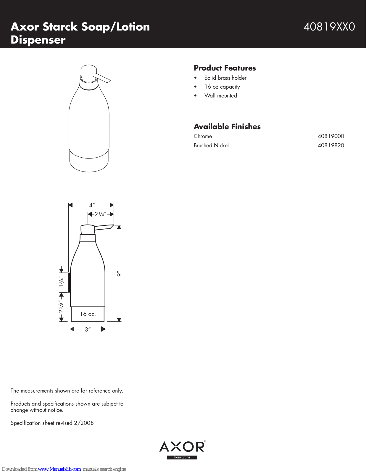 Axor 40819000, 40819820 Specification Sheet