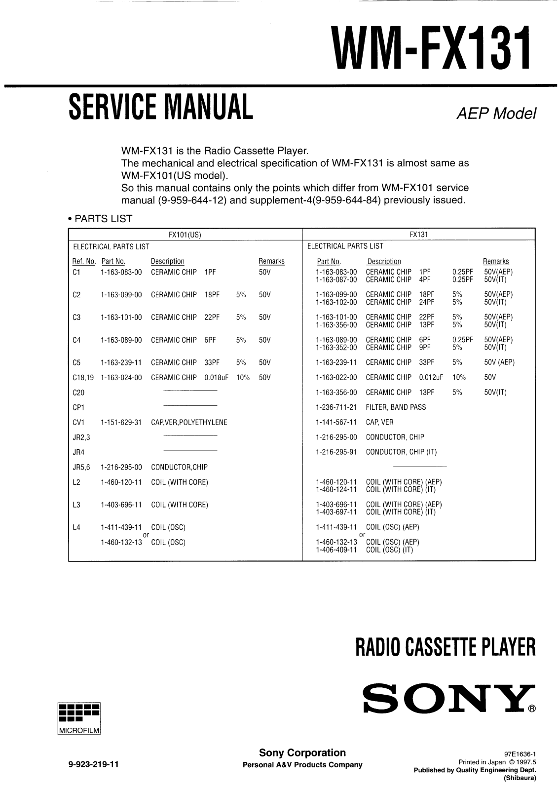 SONY WM FX131 Service Manual