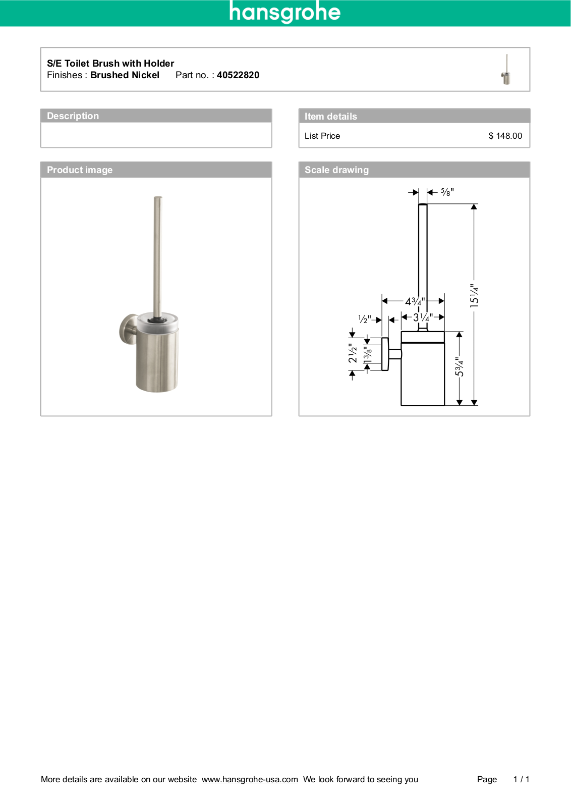 Hansgrohe 40522820 Specs