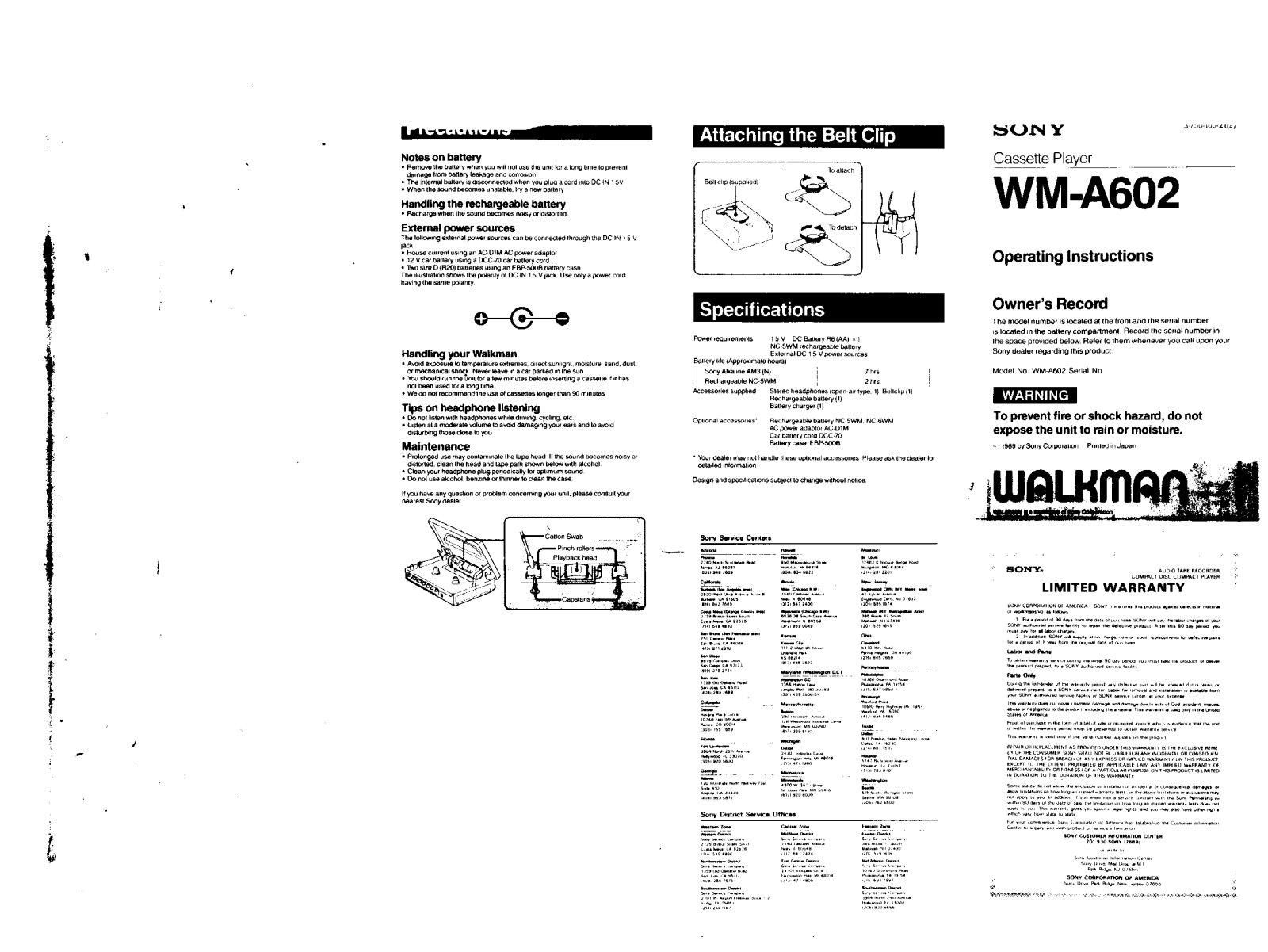 Sony WM-A602 User Manual