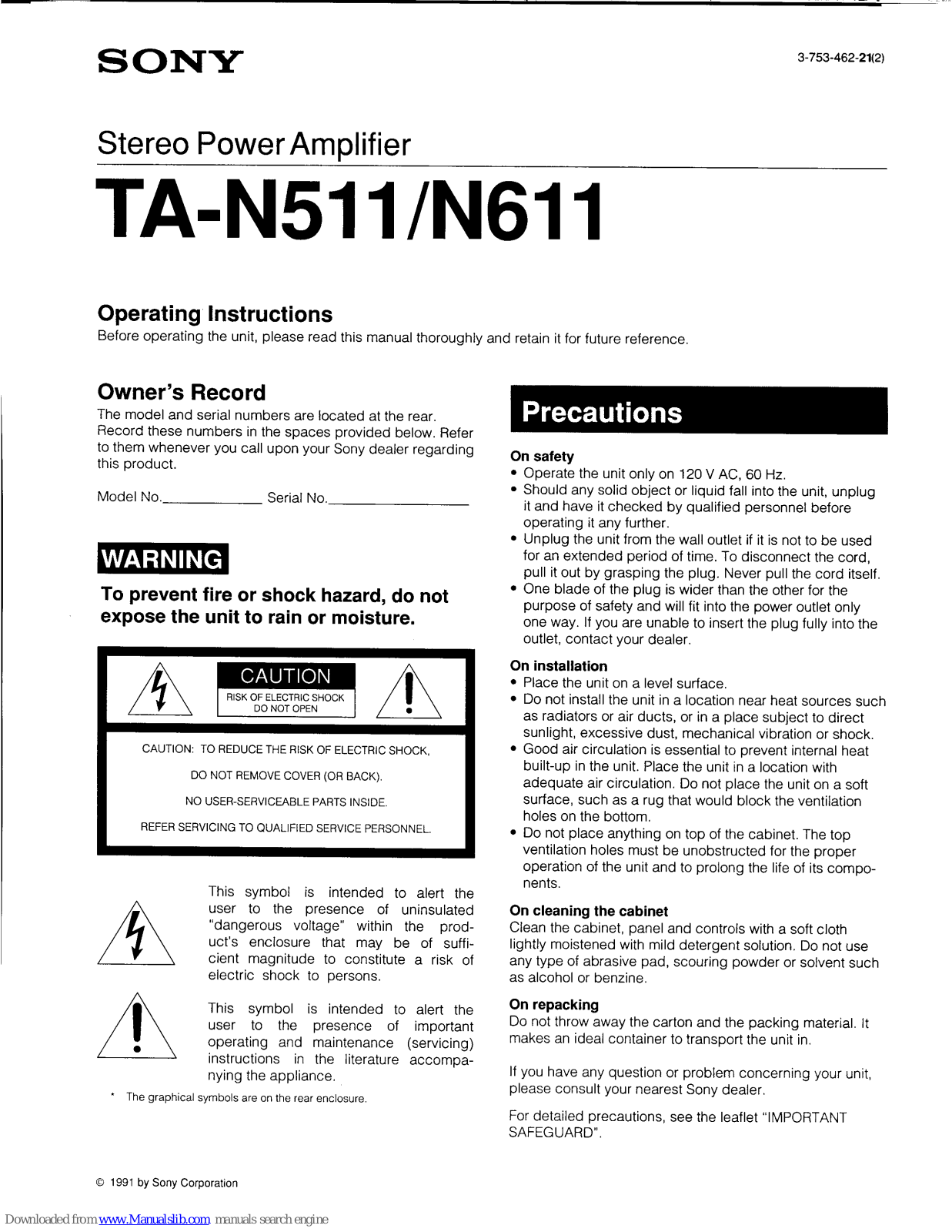 Sony TA-N511,TA-N611 Operating Instructions Manual