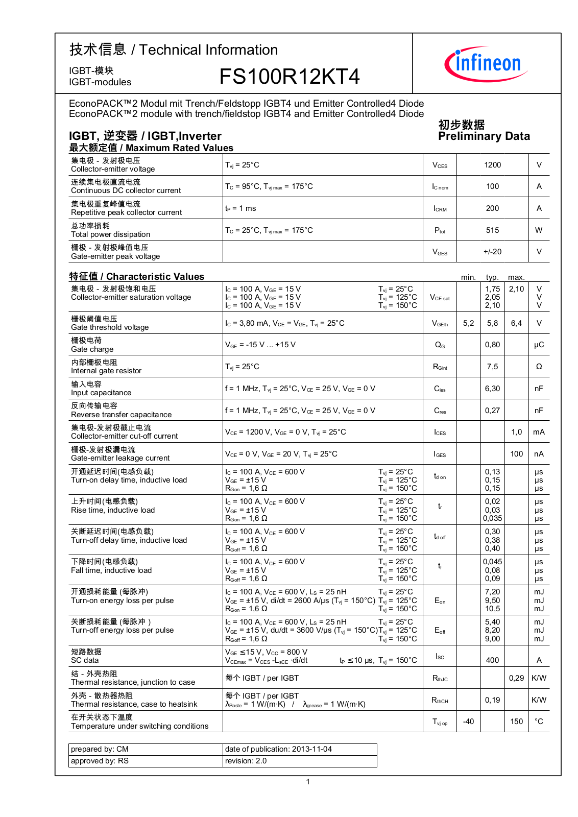 Infineon FS100R12KT4 Data Sheet