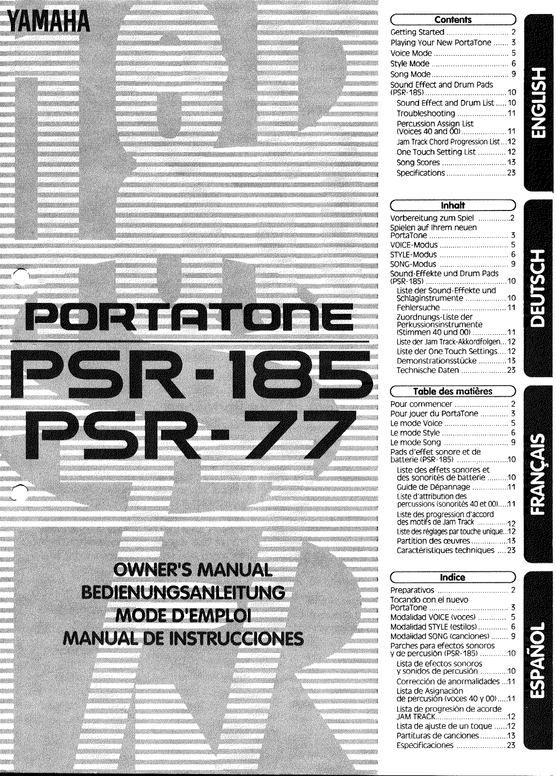 Yamaha PSR-185, PSR-77 Owner's Manual