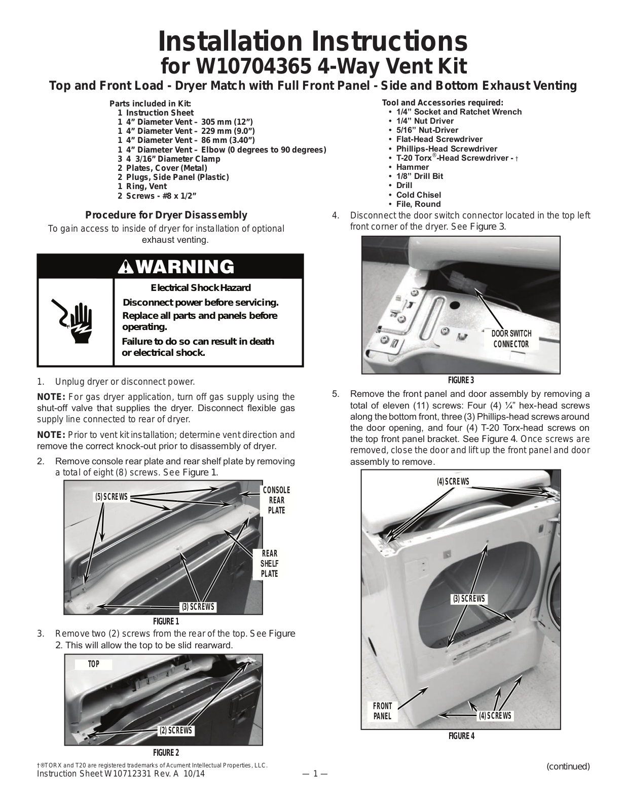 Whirlpool W10704365 Instruction Sheet