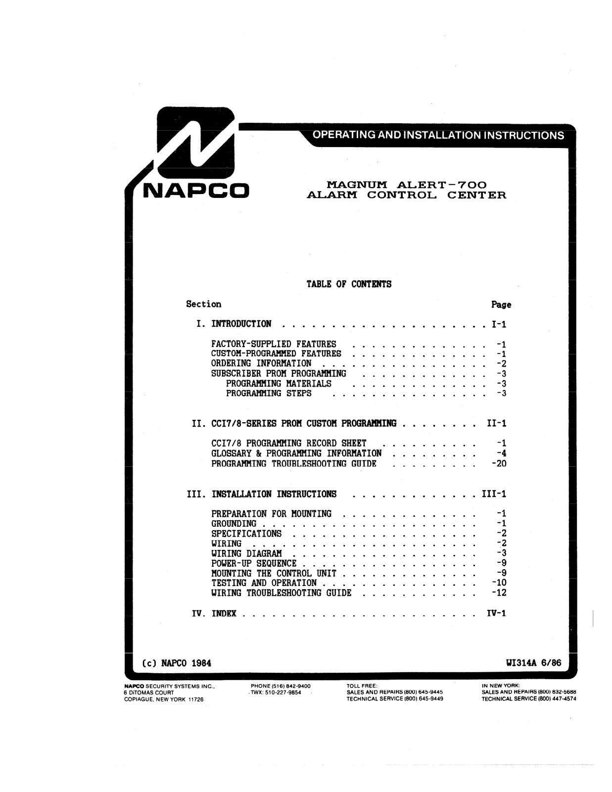 NAPCO MA700 Installation Manual