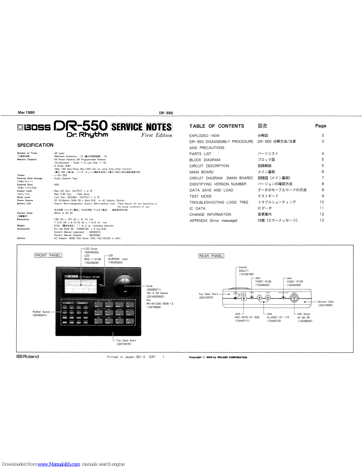 Boss DR-550 Dr.Rhytm Service Notes