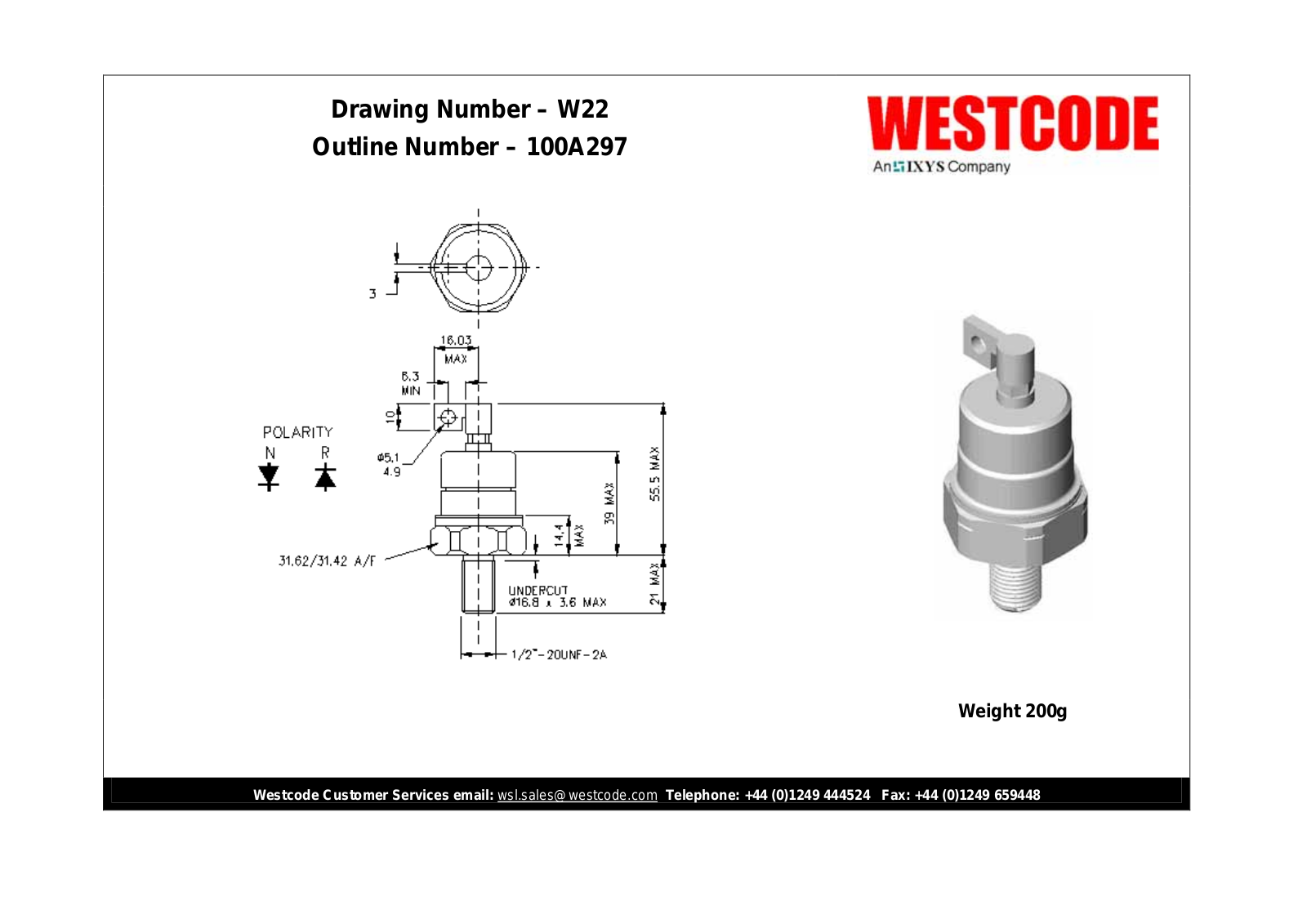 Westcode Semiconductors W22 100A297 Dimensional Sheet