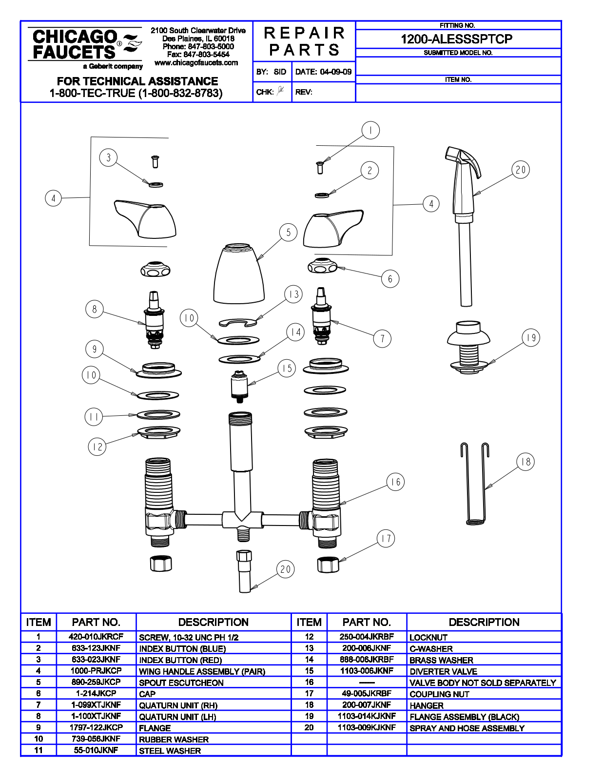 Chicago Faucet 1200-ALESSSPTCP Parts List