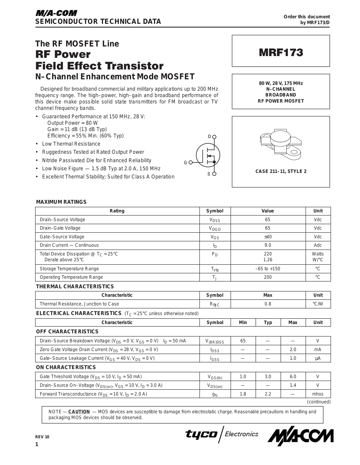 M A COM MRF173 Datasheet