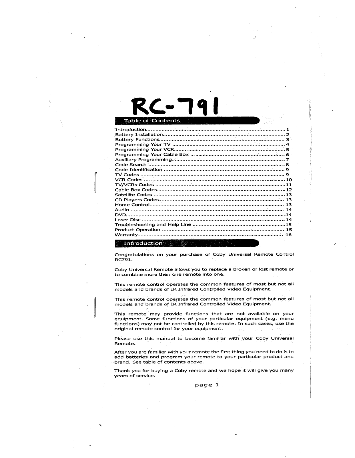 Coby Electronics RC-791 Owners manual