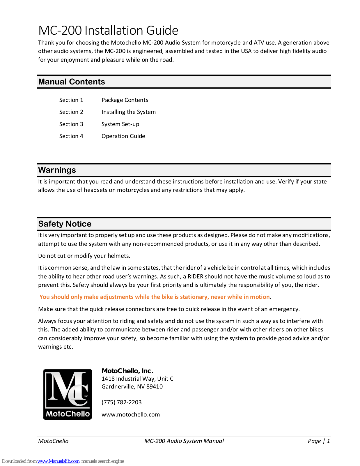 MotoChello MC200 Installation Manual