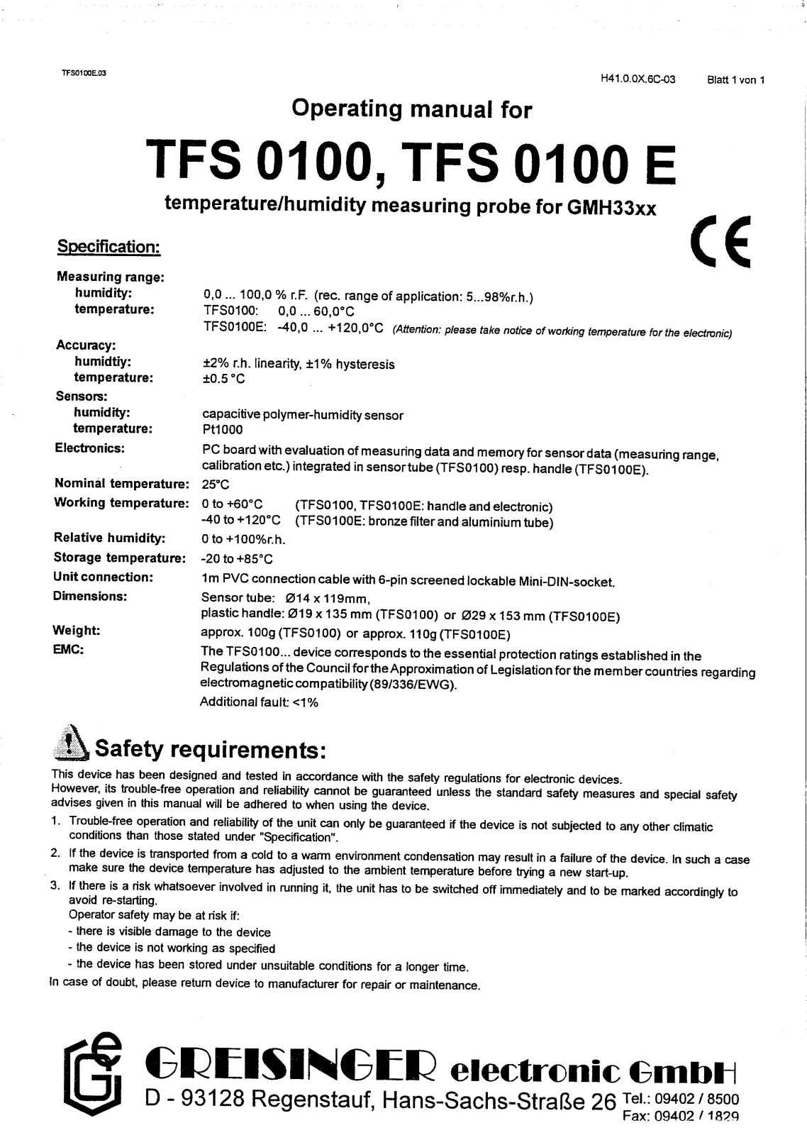 Greisinger TFS 0100, TFS 0100E User guide