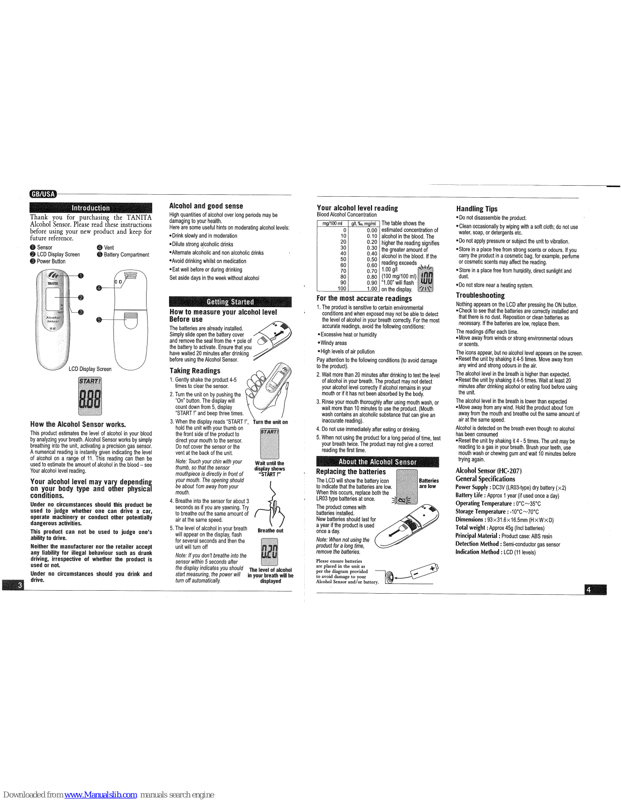 Tanita HC 207 ALCOHOL SENSOR, HC 207 User Manual