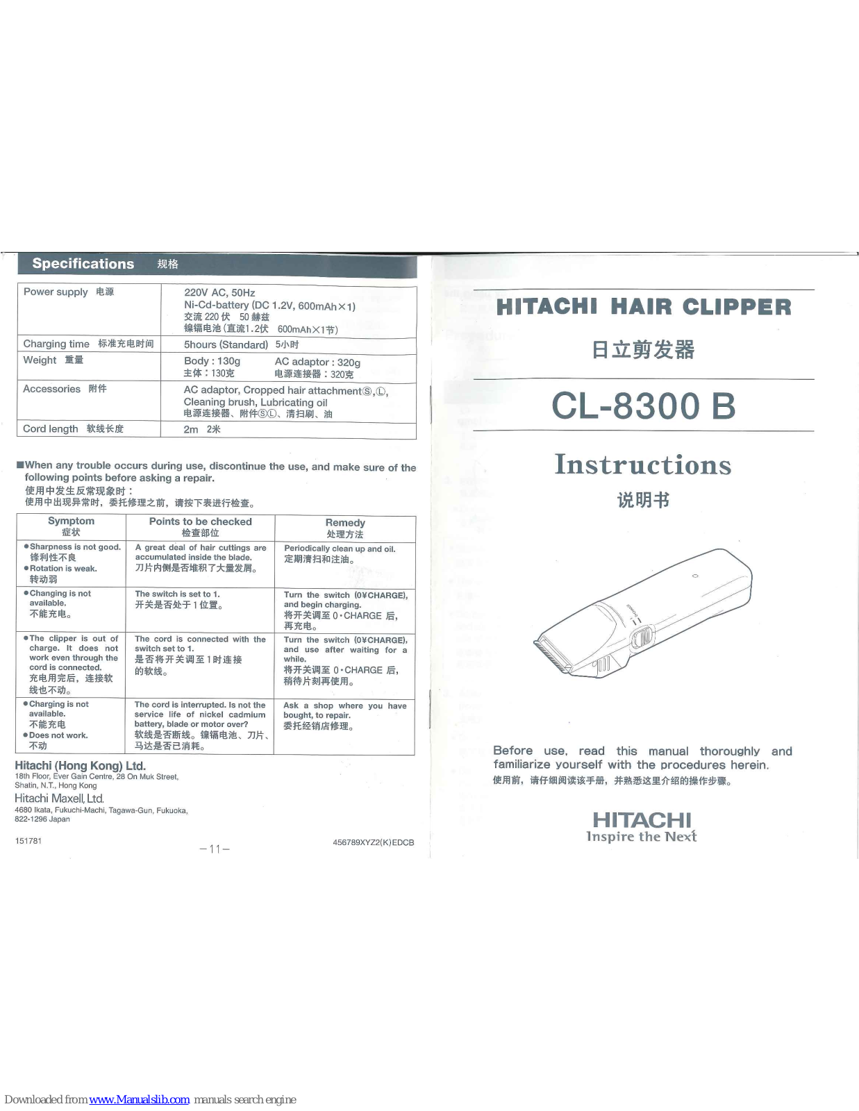 Hitachi CL-8300 B Instructions Manual