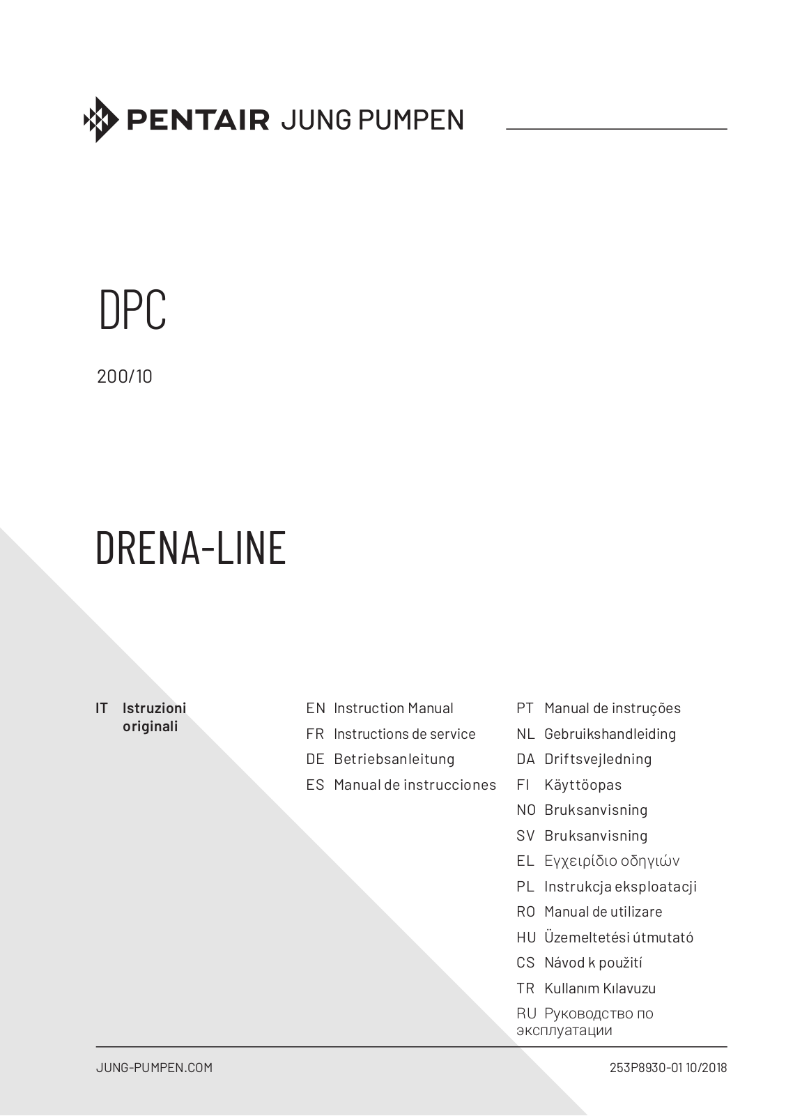 Pentair Jung Pumpen DRENA-LINE Series, Jung Pumpen DRENA-LINE DPC 200/10 Instruction Manual