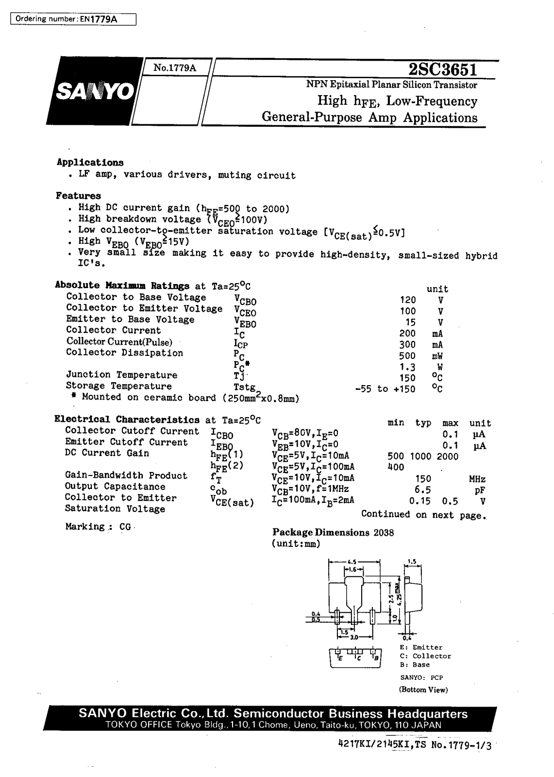 SANYO 2SC3651 Datasheet