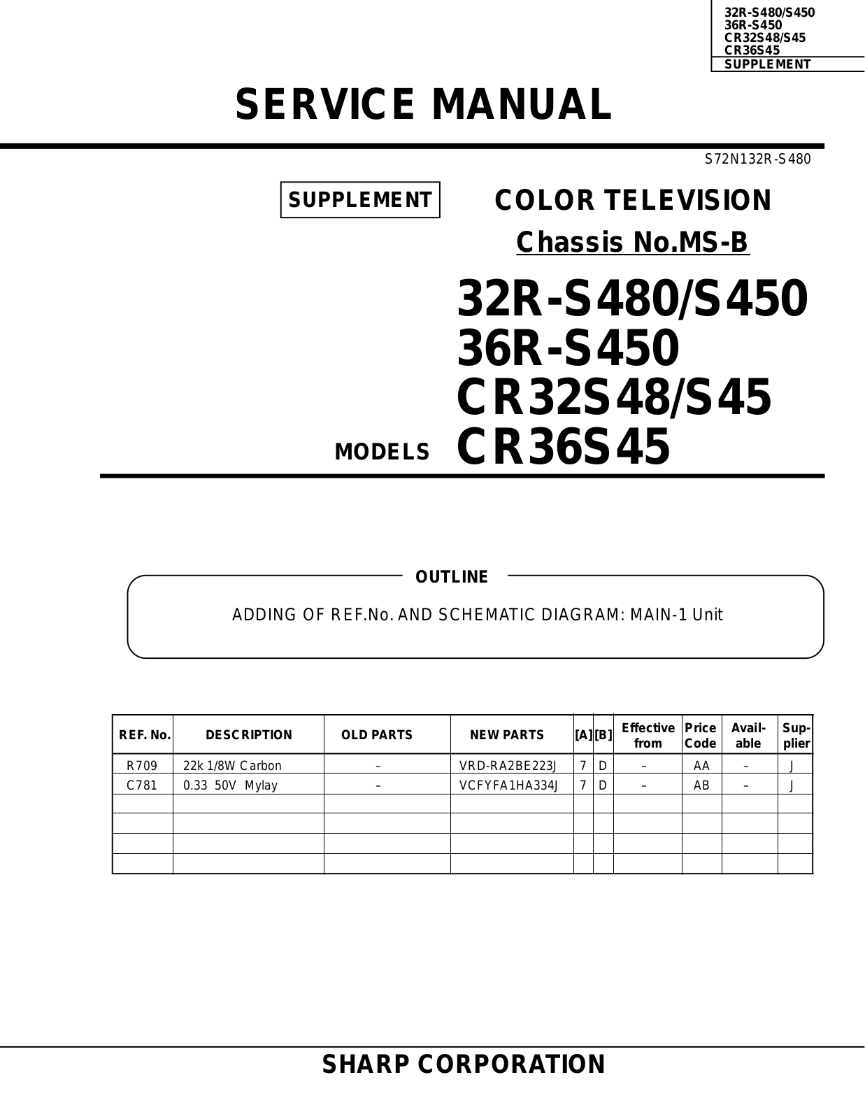 SHARP 32R-S480, 32R-S450, 36R-S450, CR32S48, CR32S45 Service Manual