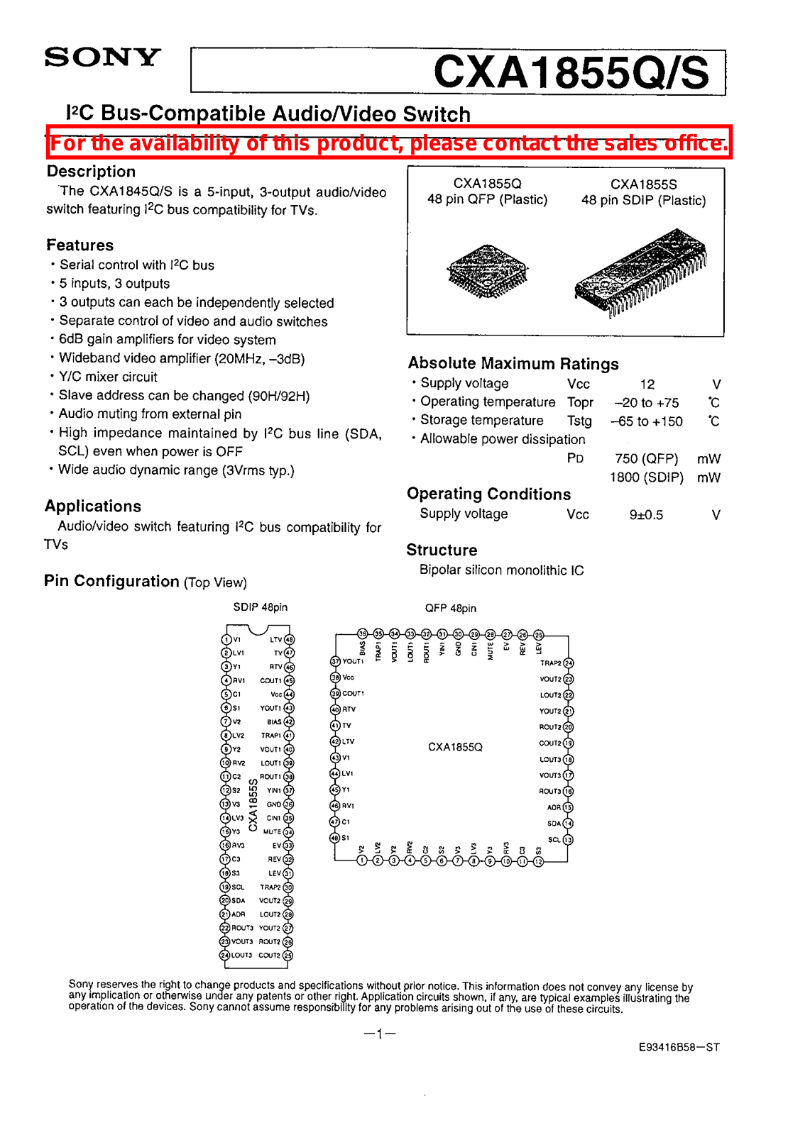 Sony CXA1855S, CXA1855Q Datasheet